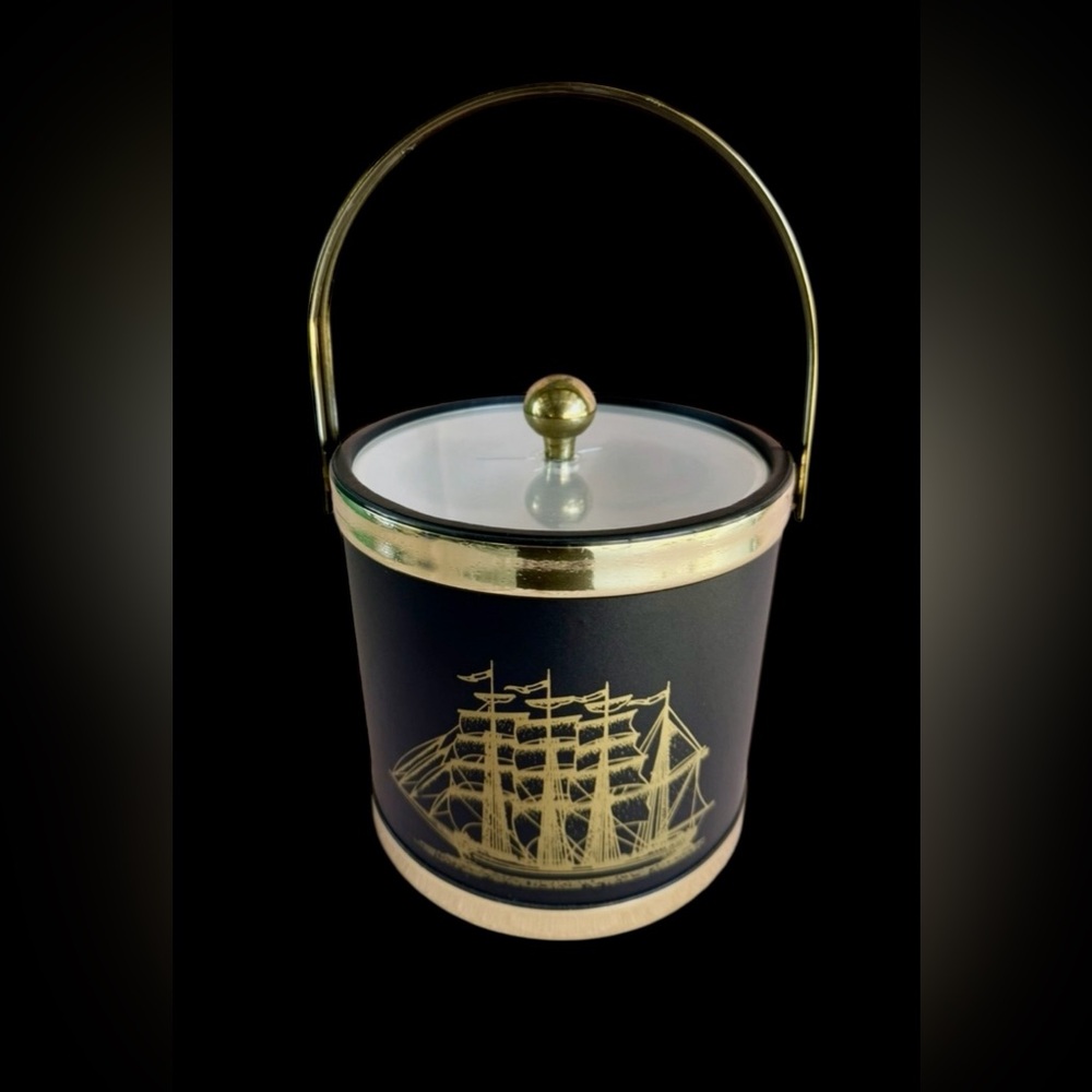 Vintage 1960 Ice Bucket Shelton Designs Towle Company Gold Black Sailboat